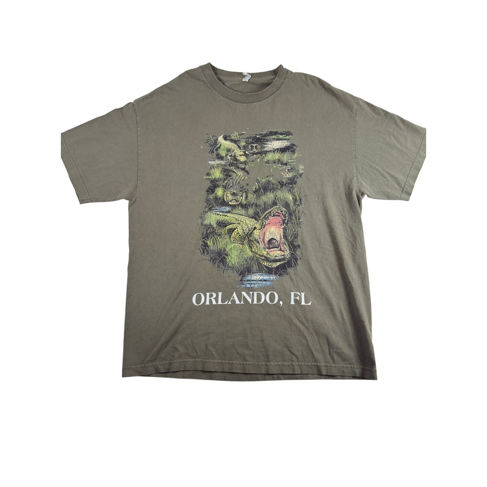 Vintage Orlando FL Alligator Graphic T-Shirt Mens Large Olive Green